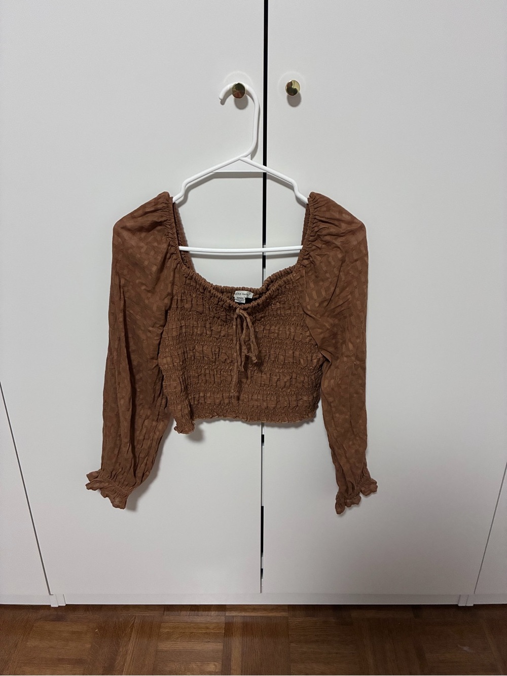 Smocked Long-Sleeve Crop Top in Brown